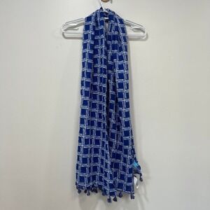 J Mclaughlin Tapestry Scarf NWT $98 Trellis‎ Geo Blue White Tassel Cotton Neck